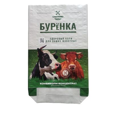 Túi thức ăn chăn nuôi in BOPP, miệng hở, đáy may, đáy PP dệt chống thấm nước cho thức ăn gia súc
